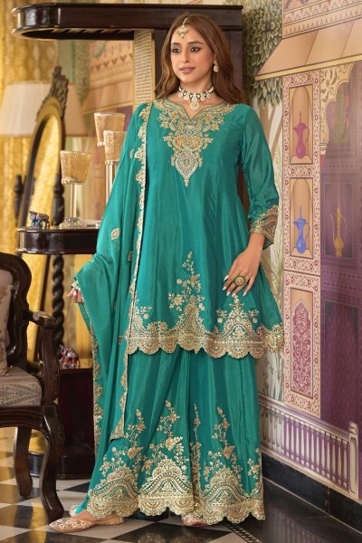 Teal Chinon Silk Embroidered Kurta Set