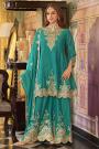 Teal Chinon Silk Embroidered Kurta Set