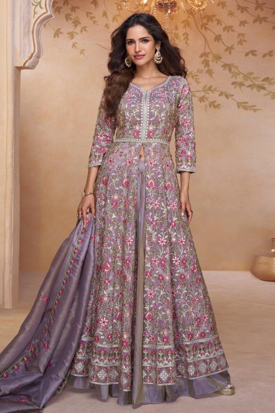 Lilac Silk Embroidered Anarkali With Skirt