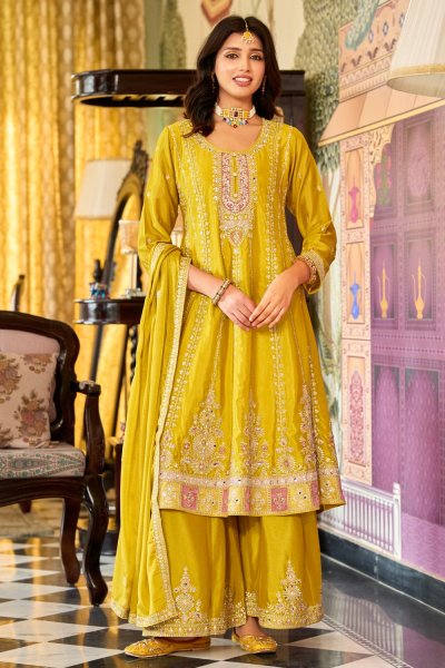 Yellow Chinon Silk Embroidered A-line Kurta Set
