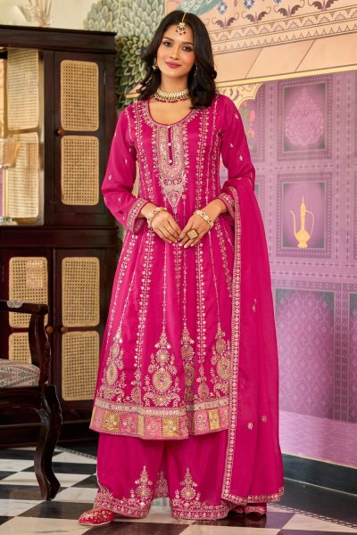 Magenta Pink Chinon Silk Embroidered A-line Kurta Set