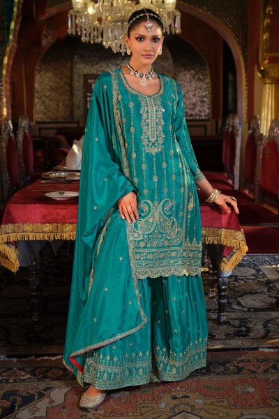 Blue Chinon Silk Embroidered Sharara Kurta Set
