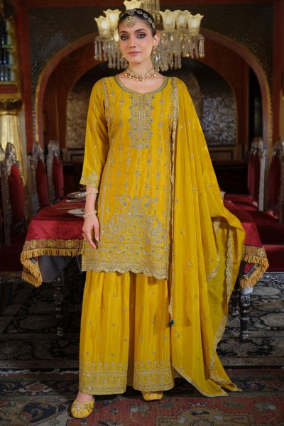 Yellow Chinon Silk Embroidered Sharara Kurta Set