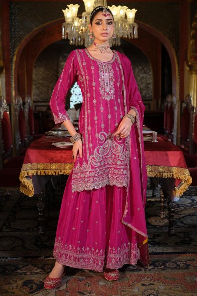Magenta Pink Chinon Silk Embroidered Sharara Kurta Set