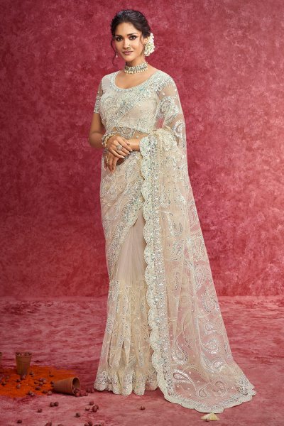 Ivory Silk & Tussar Silk Combination Embroidered Saree