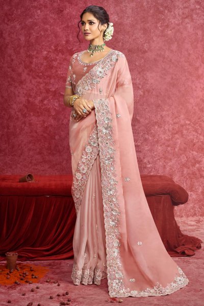Blush Pink Silk & Tussar Silk Combination Embroidered Saree