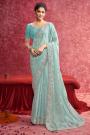 Aqua Silk & Tussar Silk Combination Embroidered Saree