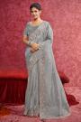 Silver Grey Silk & Tussar Silk Combination Embroidered Saree