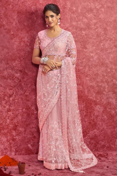 Soft Pink Silk & Tussar Silk Combination Embroidered Saree