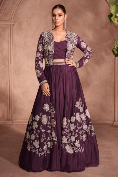 Plum Chinon Silk Embroidered Top & Skirt With Jacket