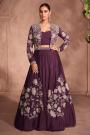 Plum Chinon Silk Embroidered Top & Skirt With Jacket