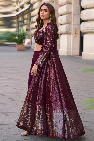 Wine Georgette Embroidered Top & Palazzo Indowestern Set With Jacket