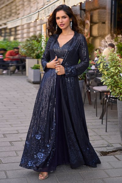 Navy Blue Georgette Embroidered Top & Palazzo Indowestern Set With Jacket