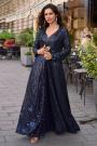 Navy Blue Georgette Embroidered Top & Palazzo Indowestern Set With Jacket
