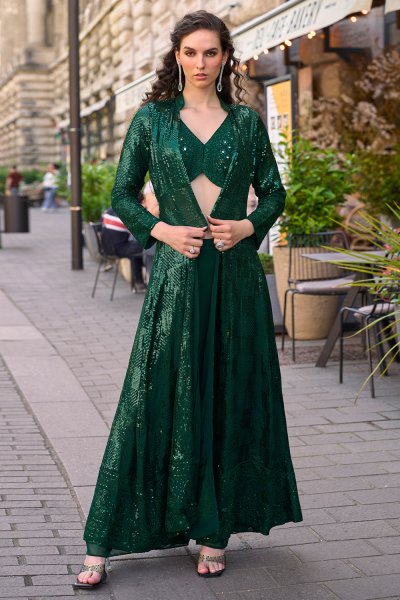 Bottle Green Georgette Embroidered Top & Palazzo Indowestern Set With Jacket