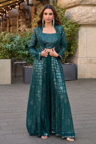 Teal Blue Georgette Embroidered Top & Palazzo Indowestern Set With Jacket