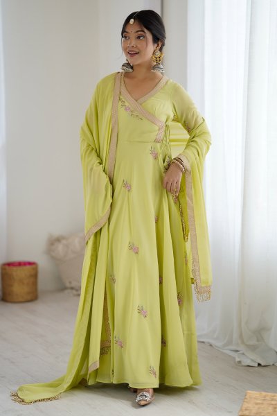 Lime Yellow Georgette Embroidered Angrakha Anarkali With Dupatta