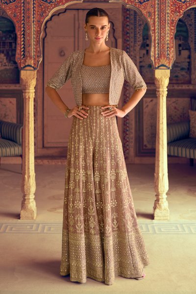 Rose Beige Georgette Embroidered Top & Palazzo Set With jacket