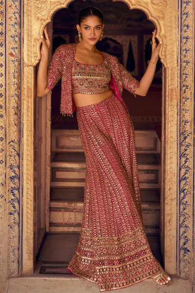 Magenta Pink Georgette Embroidered Top & Palazzo Set With jacket
