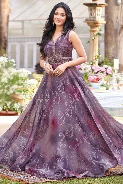 Lavender Organza Silk Printed & Hand Embroidered IndoWestern Long Dress With Net Dupatta Lavender Organza Silk Printed & Hand Embroidered IndoWestern Long Dress With Net Dupatta