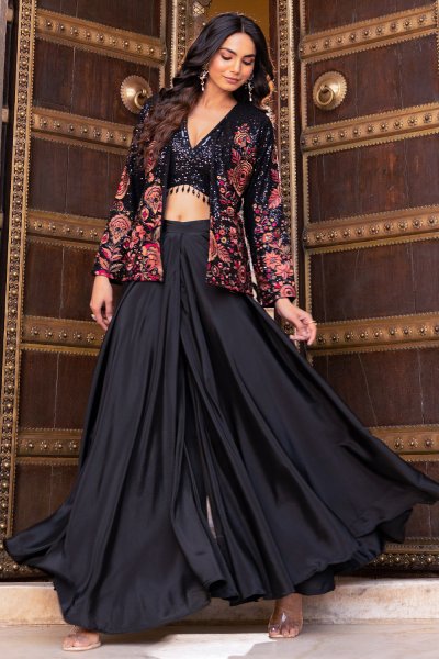 Black Embroidered Georgette Top & Crepe Silk Flared Palazzo With Embroidered Georgette Jacket Black Embroidered Georgette Top & Crepe Silk Flared Palazzo With Embroidered Georgette Jacket