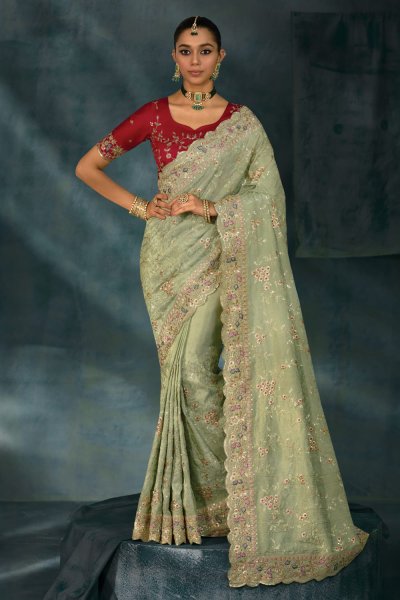 Pastel Green Banarasi Silk Zari Woven Embroidered Saree Pastel Green Banarasi Silk Zari Woven Embroidered Saree