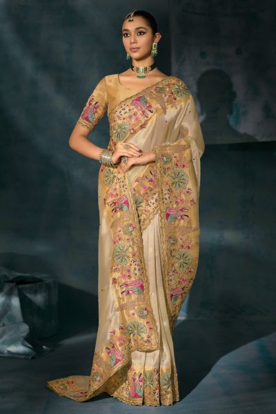 Ivory Gold Silk Embroidered Saree Ivory Gold Silk Embroidered Saree