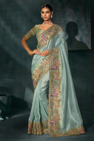 Aqua Silk Embroidered Saree Aqua Silk Embroidered Saree