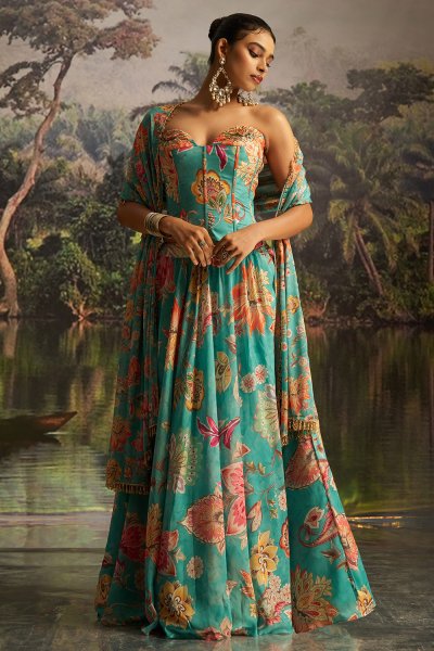 Turquoise Georgette Floral Printed & Hand Worked Corset Top With Lehenga & Dupatta Turquoise Georgette Floral Printed & Hand Worked Corset Top With Lehenga & Dupatta