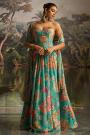 Turquoise Georgette Floral Printed & Hand Worked Corset Top With Lehenga & Dupatta