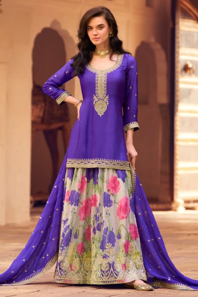 Purple Chinon Silk Embroidered & Printed Sharara Kurta Set Purple Chinon Silk Embroidered & Printed Sharara Kurta Set