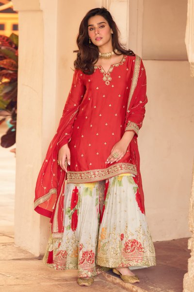 Red Chinon Silk Embroidered & Printed Sharara Kurta Set Red Chinon Silk Embroidered & Printed Sharara Kurta Set