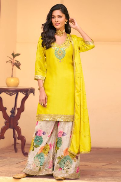Lemon Yellow Chinon Silk Embroidered & Printed Sharara Kurta Set Lemon Yellow Chinon Silk Embroidered & Printed Sharara Kurta Set