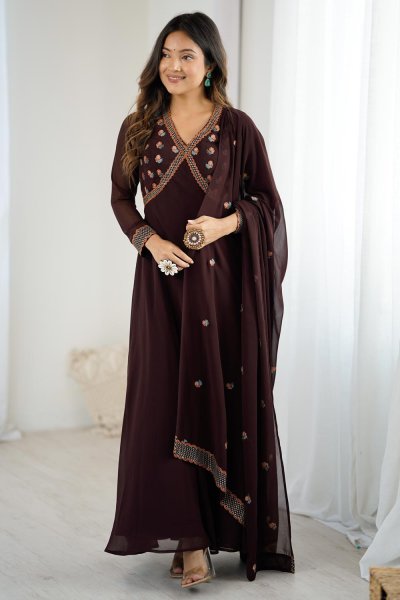 Brown Georgette Embroidered Anarkali Dress With Dupatta Brown Georgette Embroidered Anarkali Dress With Dupatta