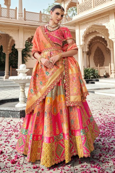 Pink & Multicolor Banarasi Silk Zari Woven & Embroidered Lehenga Set With Belt & Clutch Bag Pink & Multicolor Banarasi Silk Zari Woven & Embroidered Lehenga Set With Belt & Clutch Bag
