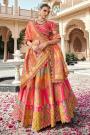 Pink & Multicolor Banarasi Silk Zari Woven & Embroidered Lehenga Set With Belt & Clutch Bag