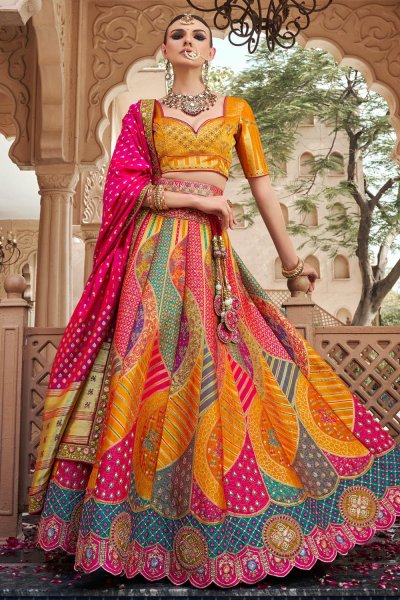 Yellow & Multicolor Banarasi Silk Zari Woven & Embroidered Lehenga Set With Belt & Clutch Bag Yellow & Multicolor Banarasi Silk Zari Woven & Embroidered Lehenga Set With Belt & Clutch Bag
