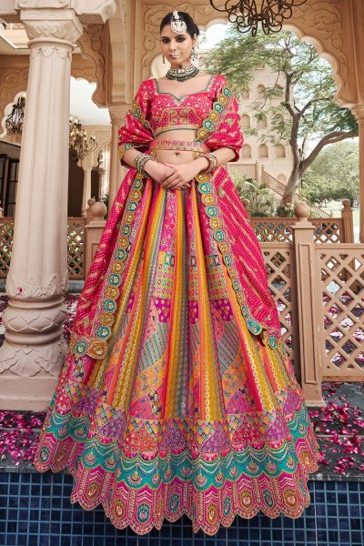 Magenta & Multicolor Banarasi Silk Zari Woven & Embroidered Lehenga Set With Belt & Clutch Bag Magenta & Multicolor Banarasi Silk Zari Woven & Embroidered Lehenga Set With Belt & Clutch Bag
