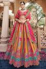 Magenta & Multicolor Banarasi Silk Zari Woven & Embroidered Lehenga Set With Belt & Clutch Bag