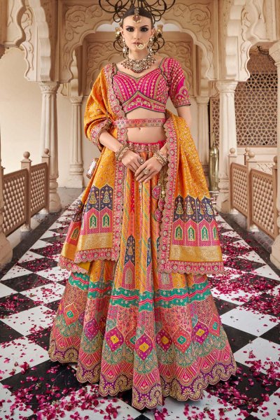 Mustard & Multicolor Banarasi Silk Zari Woven & Embroidered Lehenga Set With Belt & Clutch Bag Mustard & Multicolor Banarasi Silk Zari Woven & Embroidered Lehenga Set With Belt & Clutch Bag