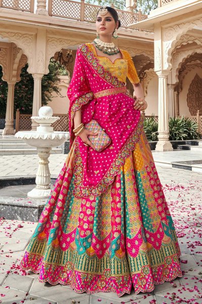 Multicolor Banarasi Silk Zari Woven & Embroidered Lehenga Set With Belt & Clutch Bag Multicolor Banarasi Silk Zari Woven & Embroidered Lehenga Set With Belt & Clutch Bag