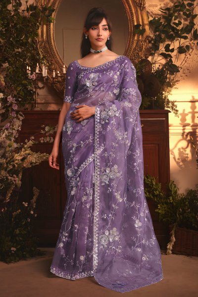 Purple Embroidered Tissue Organza Silk Saree Purple Embroidered Tissue Organza Silk Saree