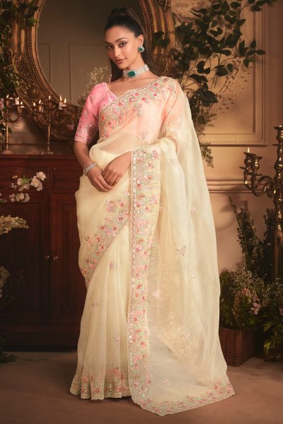 Vanilla Embroidered Tissue Organza Silk Saree Vanilla Embroidered Tissue Organza Silk Saree