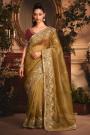 Dark Mustard Embroidered Tissue Organza Silk Saree