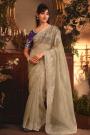 Taupe Embroidered Tissue Organza Silk Saree