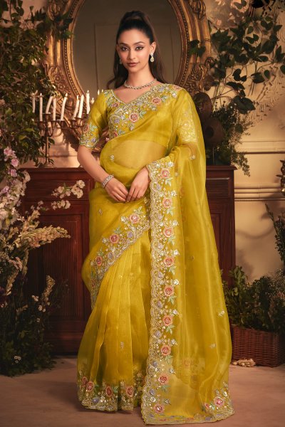 Mustard Yellow Embroidered Tissue Organza Silk Saree Mustard Yellow Embroidered Tissue Organza Silk Saree