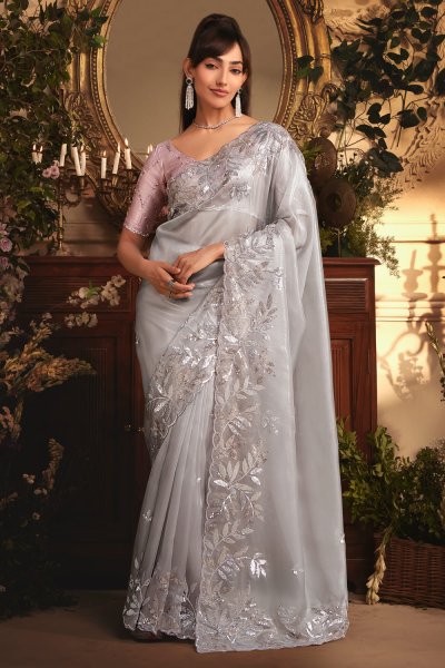 Silver Grey Embroidered Tissue Organza Silk Saree Silver Grey Embroidered Tissue Organza Silk Saree