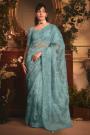 Aqua Embroidered Tissue Organza Silk Saree