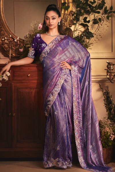 Violet Embroidered Tissue Organza Silk Saree Violet Embroidered Tissue Organza Silk Saree