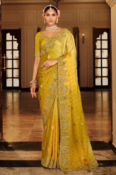Mustard Green Silk Zari Woven & Embroidered Saree